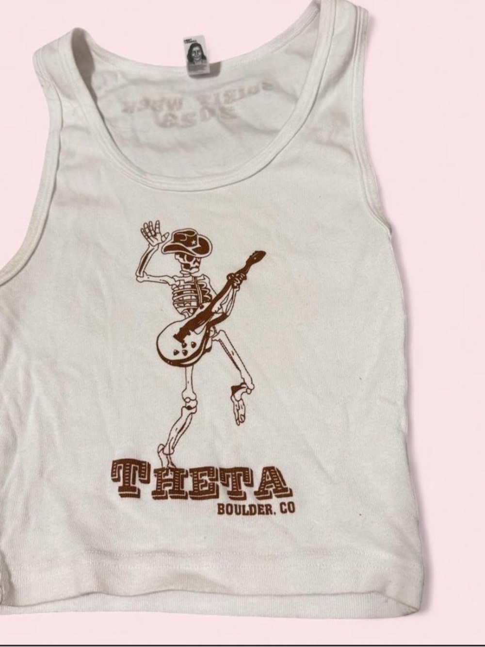 Theta Los Angeles Apparel White Cropped Graphic Tank with Brown Print
